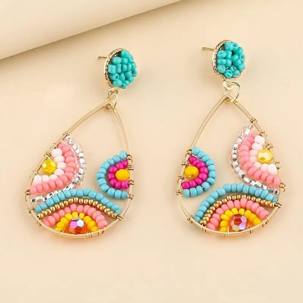 Seed Beads Earrings Gold Tone Multicolor Handcrafted